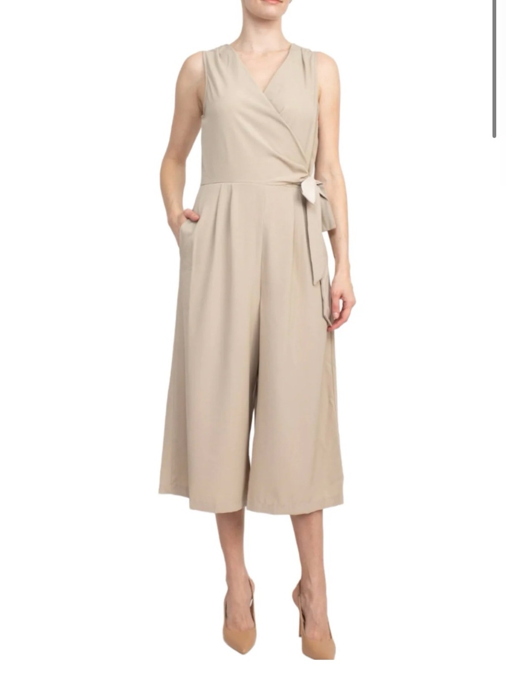 Emma & Michele Sleeveless Wrap Culotte Jumpsuit in Beige
